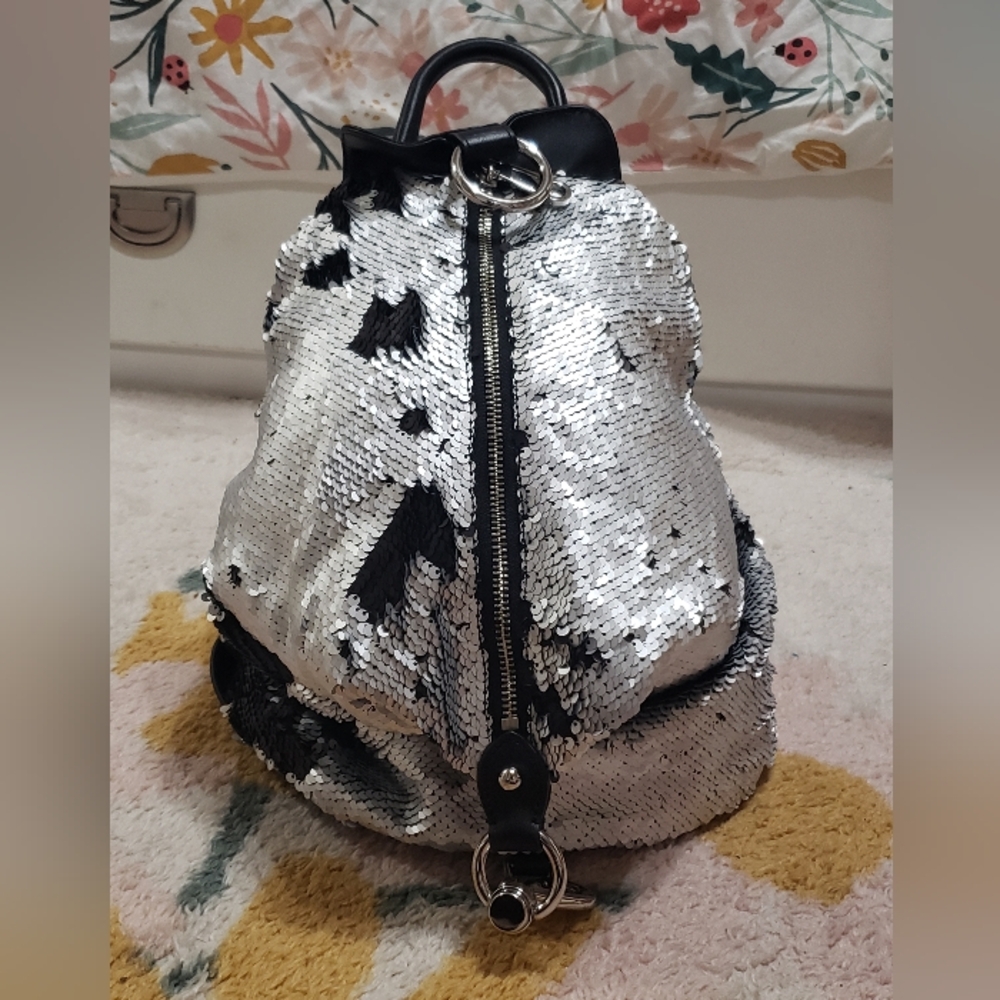 Rebecca Minkhoff Large Julian Sequin Backpack Bag ( Metallic silver/ black)